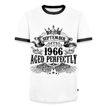Birthday 1966 September 1966 born in September - Men's Ringer Shirt - white/black - Front - AI Model Female 172 light (172cm) & AI Model Male 178 dark (178cm)