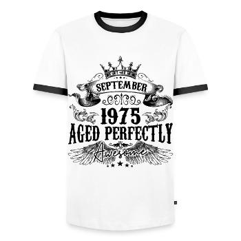 Anniversaire 1975 Septembre 1975 né en Septembre - T-shirt contrasté Homme - blanc/noir - Devant - AI Model Female 172 light (172cm) & AI Model Male 178 dark (178cm)