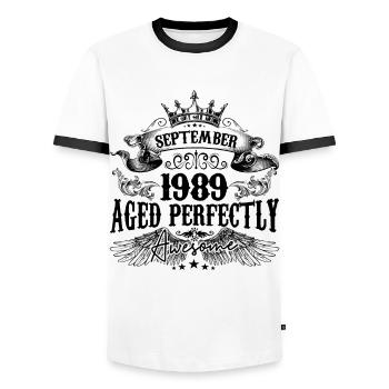 Birthday 1989 September 1989 born in September - Men's Ringer Shirt - white/black - Front - AI Model Female 172 light (172cm) & AI Model Male 178 dark (178cm)