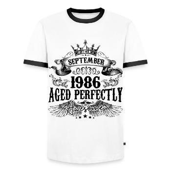 Anniversaire 1986 Septembre 1986 né en Septembre - T-shirt contrasté Homme - blanc/noir - Devant - AI Model Female 172 light (172cm) & AI Model Male 178 dark (178cm)