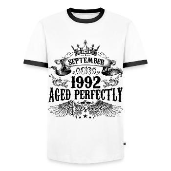 Anniversaire 1992 Septembre 1992 né en Septembre - T-shirt contrasté Homme - blanc/noir - Devant - AI Model Female 172 light (172cm) & AI Model Male 178 dark (178cm)