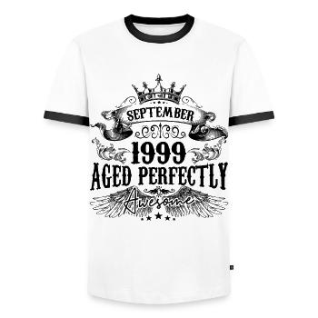 Anniversaire 1999 Septembre 1999 né en Septembre - T-shirt contrasté Homme - blanc/noir - Devant - AI Model Female 172 light (172cm) & AI Model Male 178 dark (178cm)