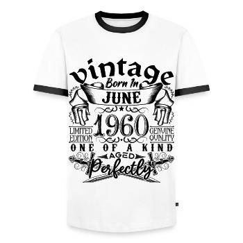 Anniversaire 1960 Juin 1960 ! né en June 1960 - T-shirt contrasté Homme - blanc/noir - Devant - AI Model Female 172 light (172cm) & AI Model Male 178 dark (178cm)