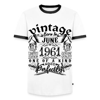 Anniversaire 1961 Juin 1961 ! né en June 1961 - T-shirt contrasté Homme - blanc/noir - Devant - AI Model Female 172 light (172cm) & AI Model Male 178 dark (178cm)