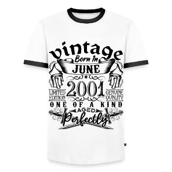 Geburtstag 2001 Juni 2001 ! geboren im Juni 2001 - Männer Kontrast-T-Shirt - Weiß/Schwarz - Vorne - AI Model Female 172 light (172cm) & AI Model Male 178 dark (178cm)