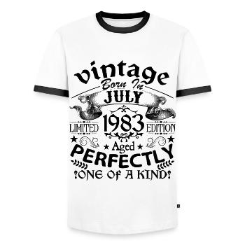 Juillet 1983 | Vintage 1983 | né en Juillet - T-shirt contrasté Homme - blanc/noir - Devant - AI Model Female 172 light (172cm) & AI Model Male 178 dark (178cm)