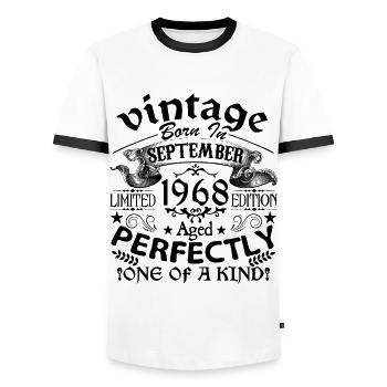 Septembre 1968 | Vintage 1968 | né en Septembre - T-shirt contrasté Homme - blanc/noir - Devant - AI Model Female 172 light (172cm) & AI Model Male 178 dark (178cm)