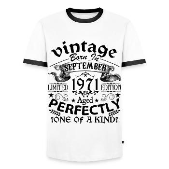 Septembre 1971 | Vintage 1971 | né en Septembre - T-shirt contrasté Homme - blanc/noir - Devant - AI Model Female 172 light (172cm) & AI Model Male 178 dark (178cm)
