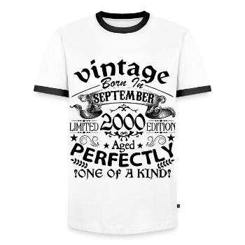 September 2000 | Vintage 2000 | born in September - Men's Ringer Shirt - white/black - Front - AI Model Female 172 light (172cm) & AI Model Male 178 dark (178cm)