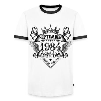September 1984 September 1984 born in September - Men's Ringer Shirt - white/black - Front - AI Model Female 172 light (172cm) & AI Model Male 178 dark (178cm)