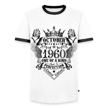 Birthday 1960 October 1960 born in October - Men's Ringer Shirt - white/black - Front - AI Model Female 172 light (172cm) & AI Model Male 178 dark (178cm)