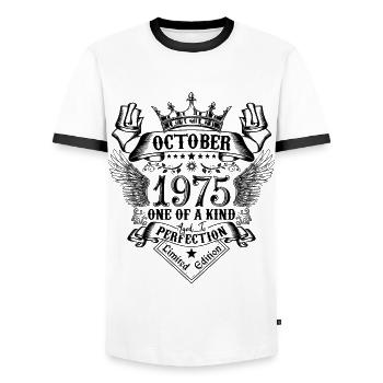 Anniversaire 1975 Octobre 1975 né en Octobre - T-shirt contrasté Homme - blanc/noir - Devant - AI Model Female 172 light (172cm) & AI Model Male 178 dark (178cm)