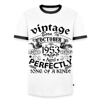 Octobre 1953 | Vintage 1953 | né en Octobre - T-shirt contrasté Homme - blanc/noir - Devant - AI Model Female 172 light (172cm) & AI Model Male 178 dark (178cm)