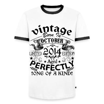 October 2014 | Vintage 2014 | born in October - Men's Ringer Shirt - white/black - Front - AI Model Female 172 light (172cm) & AI Model Male 178 dark (178cm)