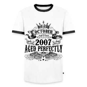 2007 | October Aged Perfectly 2007 birthday gift - Men's Ringer Shirt - white/black - Front - AI Model Female 172 light (172cm) & AI Model Male 178 dark (178cm)