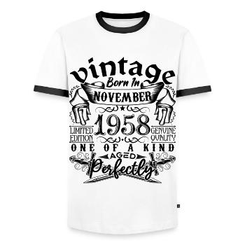 Birthday 1958 November 1958 born in November 195 - Men's Ringer Shirt - white/black - Front - AI Model Female 172 light (172cm) & AI Model Male 178 dark (178cm)