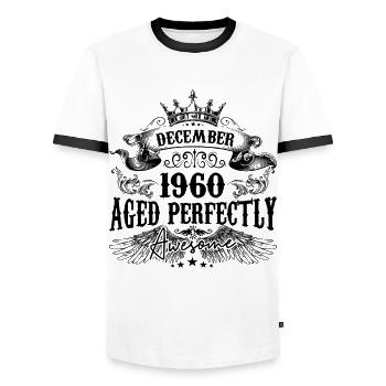 Birthday 1960 December 1960 born in December - Men's Ringer Shirt - white/black - Front - AI Model Female 172 light (172cm) & AI Model Male 178 dark (178cm)