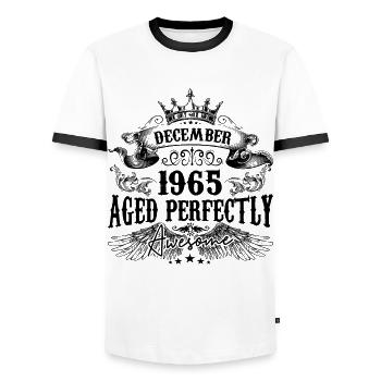 Birthday 1965 December 1965 born in December - Men's Ringer Shirt - white/black - Front - AI Model Female 172 light (172cm) & AI Model Male 178 dark (178cm)