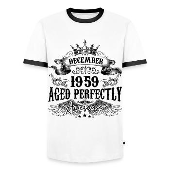 Birthday 1959 December 1959 born in December - Men's Ringer Shirt - white/black - Front - AI Model Female 172 light (172cm) & AI Model Male 178 dark (178cm)