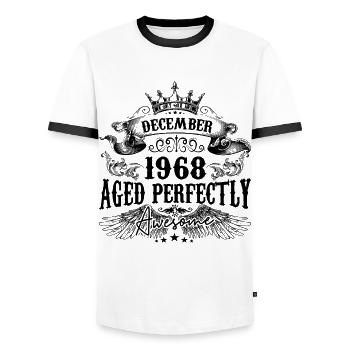 Birthday 1968 December 1968 born in December - Men's Ringer Shirt - white/black - Front - AI Model Female 172 light (172cm) & AI Model Male 178 dark (178cm)