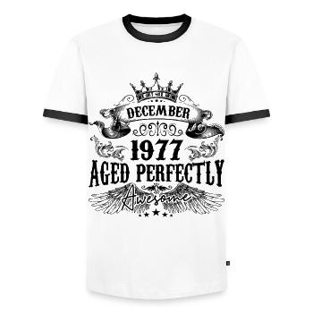 Birthday 1977 December 1977 born in December - Men's Ringer Shirt - white/black - Front - AI Model Female 172 light (172cm) & AI Model Male 178 dark (178cm)