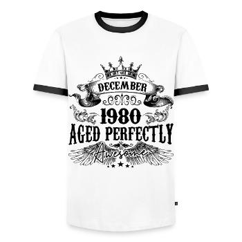 Anniversaire 1980 Décembre 1980 né en Décembre - T-shirt contrasté Homme - blanc/noir - Devant - AI Model Female 172 light (172cm) & AI Model Male 178 dark (178cm)