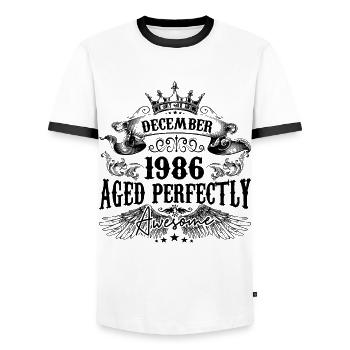 Anniversaire 1986 Décembre 1986 né en Décembre - T-shirt contrasté Homme - blanc/noir - Devant - AI Model Female 172 light (172cm) & AI Model Male 178 dark (178cm)