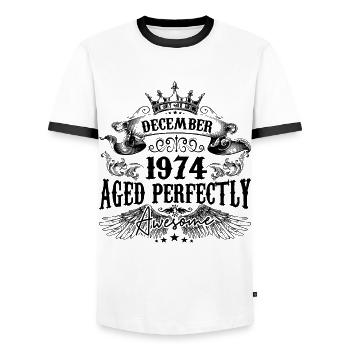 Anniversaire 1974 Décembre 1974 né en Décembre - T-shirt contrasté Homme - blanc/noir - Devant - AI Model Female 172 light (172cm) & AI Model Male 178 dark (178cm)