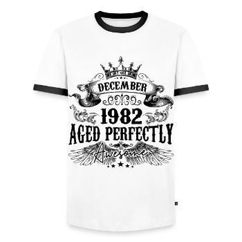 Anniversaire 1982 Décembre 1982 né en Décembre - T-shirt contrasté Homme - blanc/noir - Devant - AI Model Female 172 light (172cm) & AI Model Male 178 dark (178cm)