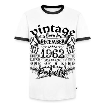 Geburtstag 1962 Dezember 1962 geboren im Dezember - Männer Kontrast-T-Shirt - Weiß/Schwarz - Vorne - AI Model Female 172 light (172cm) & AI Model Male 178 dark (178cm)