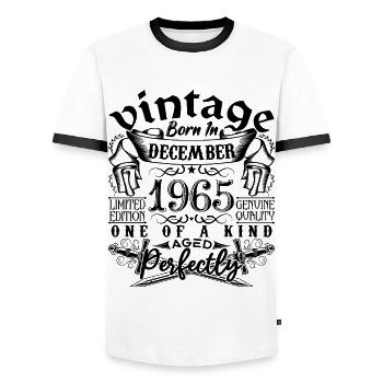 Birthday 1965 December 1965 born in December - Men's Ringer Shirt - white/black - Front - AI Model Female 172 light (172cm) & AI Model Male 178 dark (178cm)