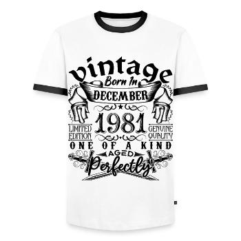 Anniversaire 1981 Décembre 1981 né en Décember - T-shirt contrasté Homme - blanc/noir - Devant - AI Model Female 172 light (172cm) & AI Model Male 178 dark (178cm)