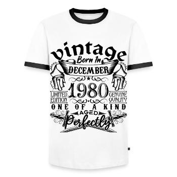 Anniversaire 1980 Décembre 1980 né en December - T-shirt contrasté Homme - blanc/noir - Devant - AI Model Female 172 light (172cm) & AI Model Male 178 dark (178cm)