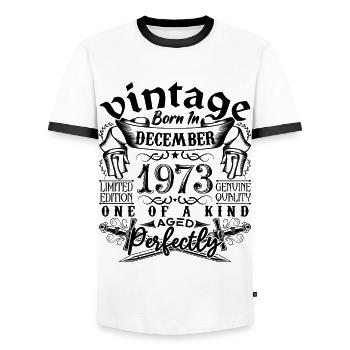 Birthday 1973 December 1973 born in December - Men's Ringer Shirt - white/black - Front - AI Model Female 172 light (172cm) & AI Model Male 178 dark (178cm)