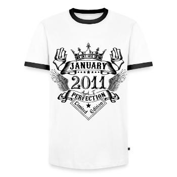 Januar 2011 Januar 2011 geboren im Januar - Männer Kontrast-T-Shirt - Weiß/Schwarz - Vorne - AI Model Female 172 light (172cm) & AI Model Male 178 dark (178cm)
