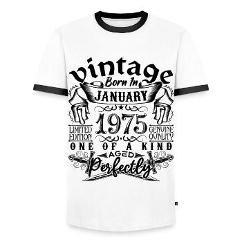 Anniversaire 1975 Janvier 1975 né en Janvier - T-shirt contrasté Homme - blanc/noir - Devant - AI Model Female 172 light (172cm) & AI Model Male 178 dark (178cm)