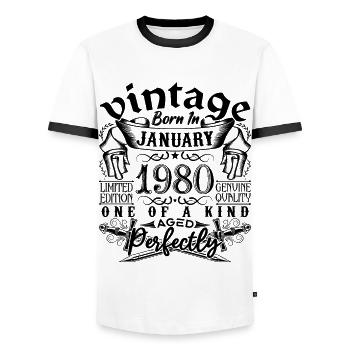 Anniversaire 1980 Janvier 1980 né en Janvier - T-shirt contrasté Homme - blanc/noir - Devant - AI Model Female 172 light (172cm) & AI Model Male 178 dark (178cm)