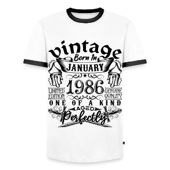 Anniversaire 1986 Janvier 1986 né en Janvier - T-shirt contrasté Homme - blanc/noir - Devant - AI Model Female 172 light (172cm) & AI Model Male 178 dark (178cm)