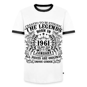 Birthday 1961 January 1961 born in January 1961 - Men's Ringer Shirt - white/black - Front - AI Model Female 172 light (172cm) & AI Model Male 178 dark (178cm)