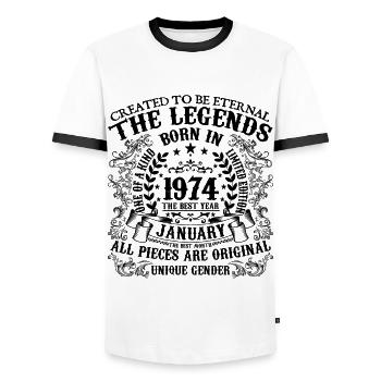 Birthday 1974 January 1974 born in January 1974 - Men's Ringer Shirt - white/black - Front - AI Model Female 172 light (172cm) & AI Model Male 178 dark (178cm)