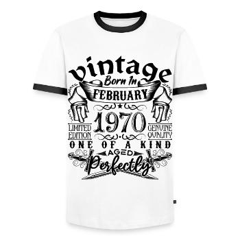 Anniversaire 1970 Février 1970 né en Février - T-shirt contrasté Homme - blanc/noir - Devant - AI Model Female 172 light (172cm) & AI Model Male 178 dark (178cm)
