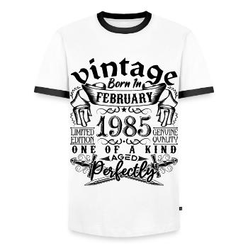 Birthday 1985 February 1985 born in February - Men's Ringer Shirt - white/black - Front - AI Model Female 172 light (172cm) & AI Model Male 178 dark (178cm)