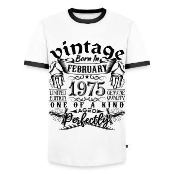 Birthday 1975 February 1975 born in February - Men's Ringer Shirt - white/black - Front - AI Model Female 172 light (172cm) & AI Model Male 178 dark (178cm)
