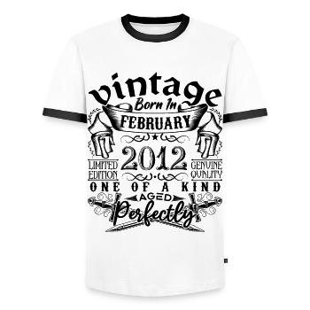Anniversaire 2012 Février 2012 né en Février - T-shirt contrasté Homme - blanc/noir - Devant - AI Model Female 172 light (172cm) & AI Model Male 178 dark (178cm)