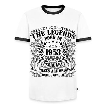 Birthday 1953 February 1953 born in February 1953 - Men's Ringer Shirt - white/black - Front - AI Model Female 172 light (172cm) & AI Model Male 178 dark (178cm)