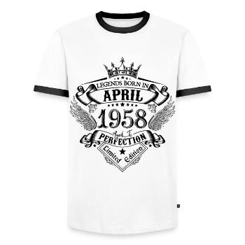 Geburtstag April 1958 April Geburtstag 1958 - Männer Kontrast-T-Shirt - Weiß/Schwarz - Vorne - AI Model Female 172 light (172cm) & AI Model Male 178 dark (178cm)