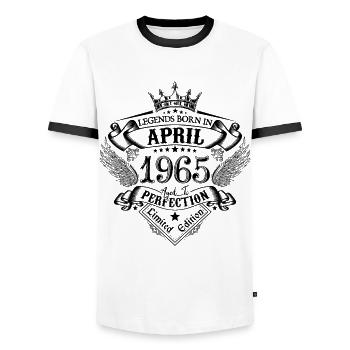 Birthday April 1965 April Birthday 1965 - Men's Ringer Shirt - white/black - Front - AI Model Female 172 light (172cm) & AI Model Male 178 dark (178cm)