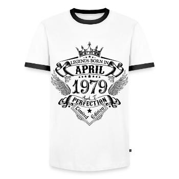 Birthday April 1979 April Anniversary 1979 - Men's Ringer Shirt - white/black - Front - AI Model Female 172 light (172cm) & AI Model Male 178 dark (178cm)