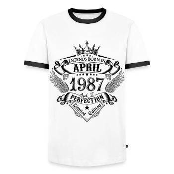 Birthday April 1987 April Anniversary 1987 - Men's Ringer Shirt - white/black - Front - AI Model Female 172 light (172cm) & AI Model Male 178 dark (178cm)