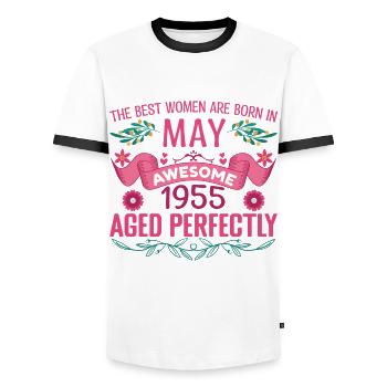 Mai 1955 Geburtstagsfrau Mai 1955 Retro - Männer Kontrast-T-Shirt - Weiß/Schwarz - Vorne - AI Model Female 172 light (172cm) & AI Model Male 178 dark (178cm)
